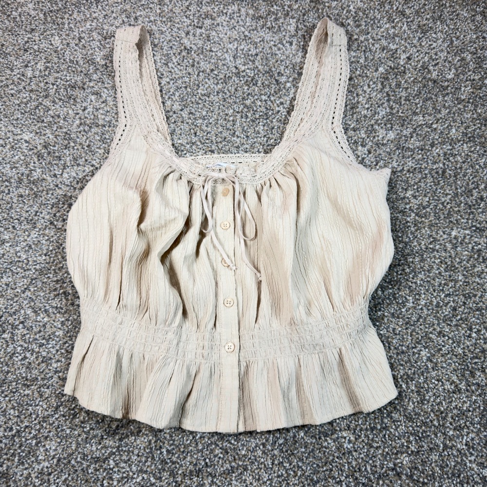 American Eagle Tan Boho Crochet Lace Trim Button Front Smocked Peplum Tank Top M